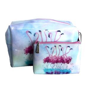 CATSEYE London Cosmetic Bag Pink & Blue Flamingo Case Pouch Lined Zippered